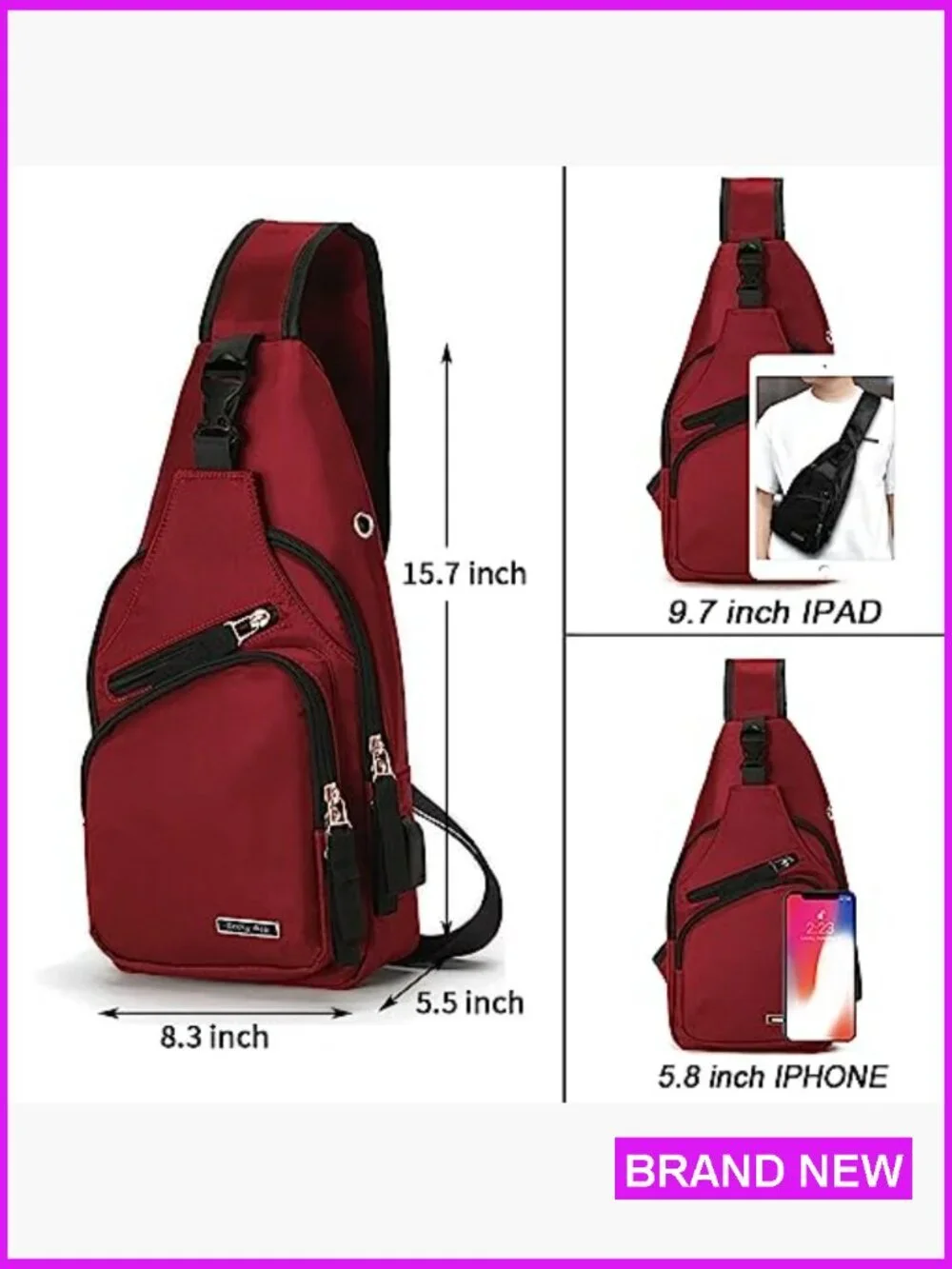 Sling Backpack Water Resistant Nylon Crossbody Shoulder Bag USB Charging Port